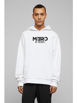 Qivi Metro Exodus Logo Baskılı Beyaz Erkek Örme Kapşonlu Sweatshirt Uzun Kol