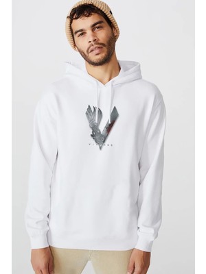 Qivi Vikings Amblem Logo Baskılı Beyaz Erkek Örme Kapşonlu Sweatshirt Uzun Kol
