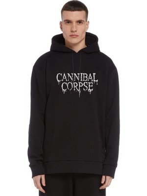 Qivi Cannibal Corpse Logo Baskılı Siyah Erkek Örme Kapşonlu Sweatshirt Uzun Kol