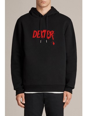 Qivi Dexter Red Logo Baskılı Siyah Erkek Örme Kapşonlu Sweatshirt Uzun Kol