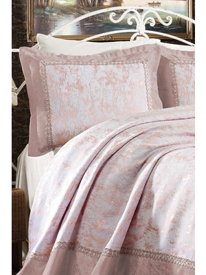 Evlen Home Collection Eylül Dantelli Çift Kişilik Yatak Örtüsü Pudra 6 Parça