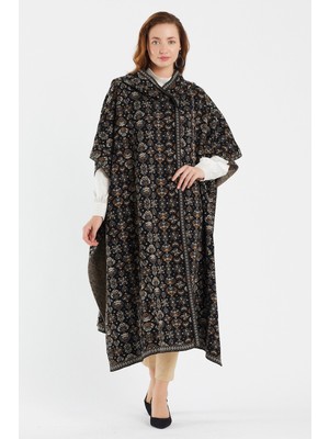 uludağ triko Çiçek Desenli Kapşonlu Panço / Füme
