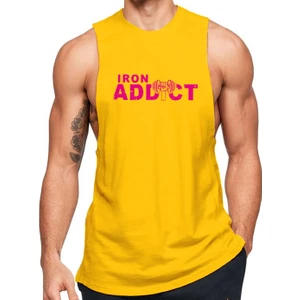 Sarı Erkek Regular Fit -Pink Iron Addict- Baskılı Bisiklet Yaka Kolsuz T-Shirt