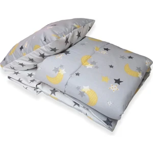 Bebek Özel %100 Pamuklu Bebek/çocuk Yastık Çarşaf Yorgan Seti Gri Zemin Sarı Hilal/yıldızlı