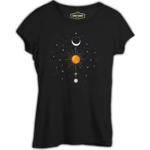 Lordd T-Shirt Güneş Ay ve Yıldızlar Siyah Kadın T-Shirt