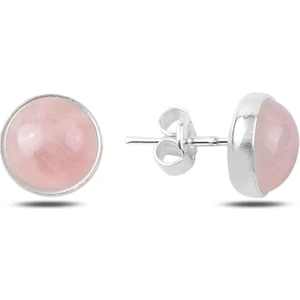Gümüş Yuvarlak Pembe Kuvars Taşlı Tektaş Küpe