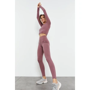 Gül Kurusu Yüksek Bel Uzun Kollu Slim Fit Crop Top Kadın Tayt Takım - 95286