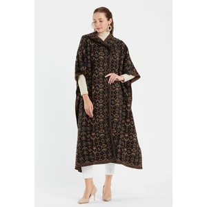 uludağ triko Çiçek Desenli Kapşonlu Panço / Gümüş