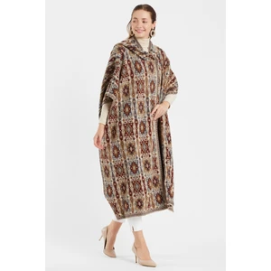 uludağ triko Kilim Desen Kapşonlu Panço / Taş
