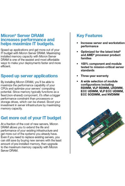 Micron Server Ram Ddr4 Rdımm 64GB 2rx4 3200 CL22 MTA36ASF8G72PZ-3G2E1