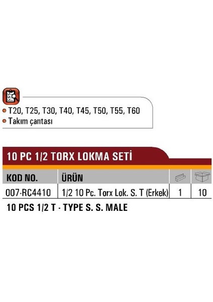 007-RC4410 9 Parça Torx Uçlu Lokma Seti Takımı Erkek 1/2