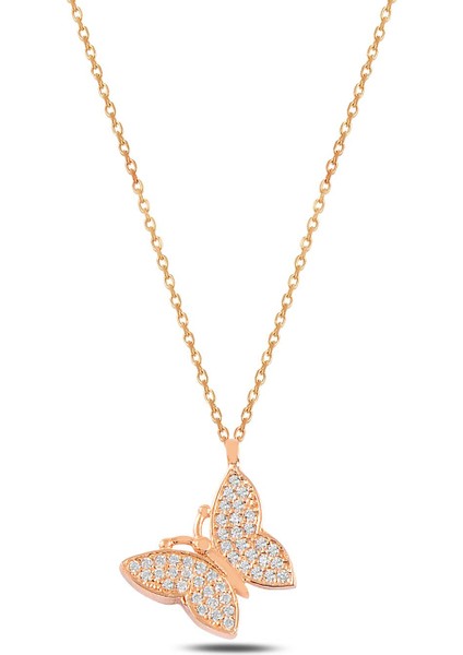 Zirkon Taşlı Rose Kelebek Kadın Gümüş Kolye Gklklbkrsm1-Ros