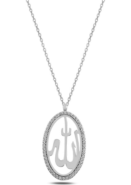 Zirkon Taşlı Oval Model Allah Yazılı Kadın Gümüş Kolye Parlak Model Gklallhyzl1-Gms