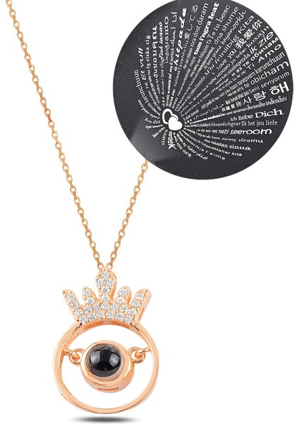 Zirkon Taşlı Rose 100 Dilde Seni Seviyorum Model 2 Kadın Gümüş Kolye GKL100DLSS2-ROS