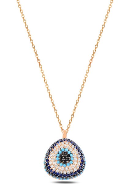 Zirkon ve Turkuaz Taşlı Damla Model Nazar Boncuğu Kadın Gümüş Kolye Gklnzrbncg2-Ros