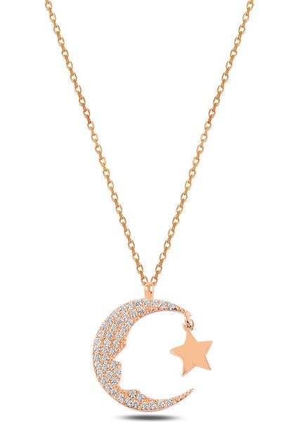 Zirkon Taşlı Rose Kemal Atatürk Silüet Ay Yıldız Model Kadın Gümüş Kolye Gklayyldzm2-Ros