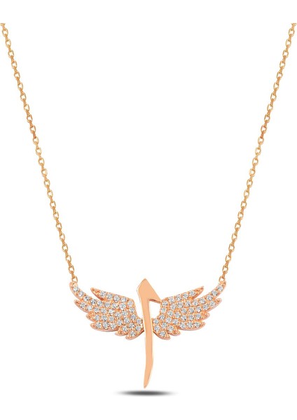 Zirkon Taşlı Rose Kanatlı Elif Model Kadın Gümüş Kolye Gklkntlelf1-Ros