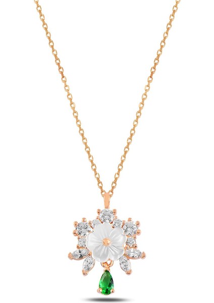 Zirkon Taşlı Rose Manolya Çiçeği Model 3 Kadın Gümüş Kolye Gklmnlycck3-Ros