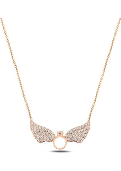 Zirkon Taşlı Rose Tektaşlı Melek Kanadı Model Gümüş Kadın Kolye Gkltktsknd1-Ros