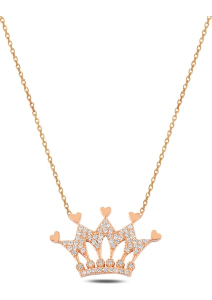 Zirkon Taşlı Rose Kalpli Kral Tacı Kadın Gümüş Kolye Gklkrltcım1-Ros