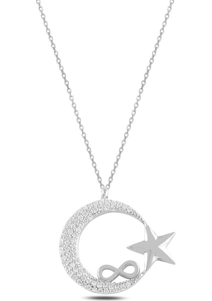 Zirkon Taşlı Sonsuzluklu Ay Yıldız Model Kadın Gümüş Kolye Gklayyldzm8-Ros