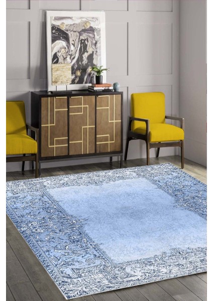 Cappio Kenarı Motifli Mavi Halı (Makine'de Yıkanabilir)