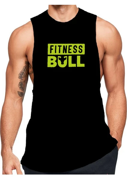 Siyah Erkek Regular Fit -Fitness Bull- Baskılı Bisiklet Yaka Kolsuz T-Shirt