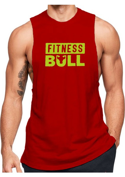 Kırmızı Erkek Regular Fit -Fitness Bull- Baskılı Bisiklet Yaka Kolsuz T-Shirt