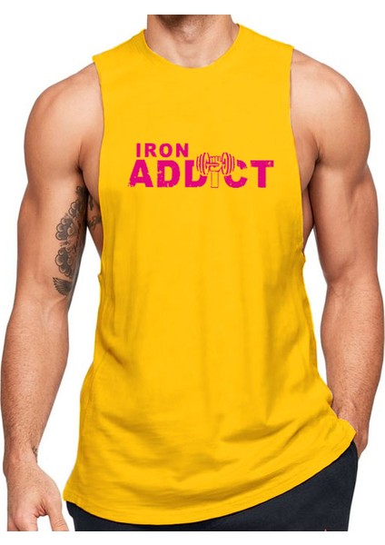 Sarı Erkek Regular Fit -Pink Iron Addict- Baskılı Bisiklet Yaka Kolsuz T-Shirt