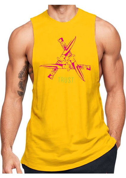 Sarı Erkek Regular Fit -Pink Trust Kılıç- Baskılı Bisiklet Yaka Kolsuz T-Shirt