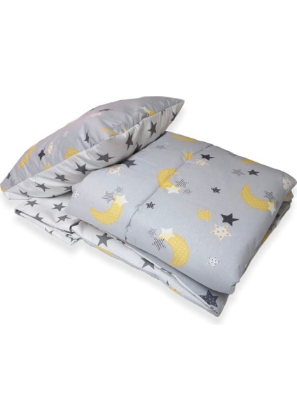 %100 Pamuklu Bebek/çocuk Yastık Çarşaf Yorgan Seti Gri Zemin Sarı Hilal/yıldızlı
