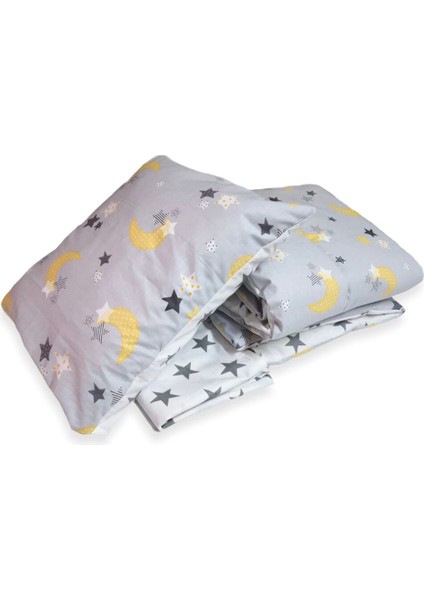 %100 Pamuklu Bebek/çocuk Yastık Çarşaf Yorgan Seti Gri Zemin Sarı Hilal/yıldızlı modelleri