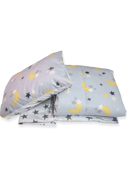 %100 Pamuklu Bebek/çocuk Yastık Çarşaf Yorgan Seti Gri Zemin Sarı Hilal/yıldızlı fırsatları