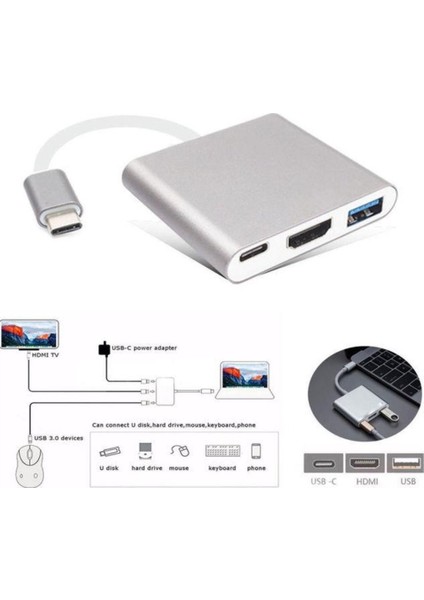 Type-C To HDMI USB 3.0 Çevirici 3'in 1 Dönüştürücü Adaptör