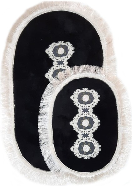 Shems Siyah 2li Dantelli ve Saçaklı Klozet Takımı Banyo Halısı Paspası Seti