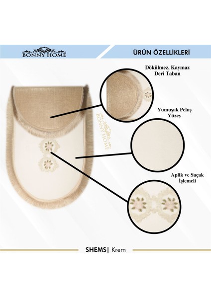Shems Krem 3lü Dantelli ve Saçaklı Klozet Takımı Banyo Halısı Paspası Seti