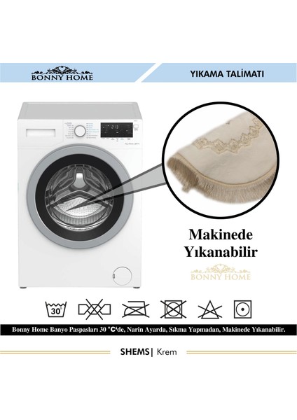 Shems Krem 3lü Dantelli ve Saçaklı Klozet Takımı Banyo Halısı Paspası Seti