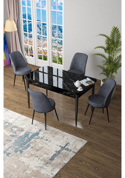 Concept Zen Serisi Mdf Açılabilir Siyah Mermer Desenli Mutfak Masası Takımı + 4 Füme Sandalye