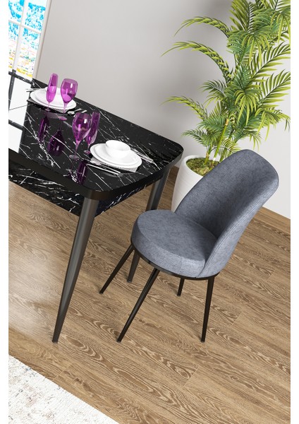 Concept Zen Serisi Mdf Açılabilir Siyah Mermer Desenli Mutfak Masası Takımı + 4 Füme Sandalye