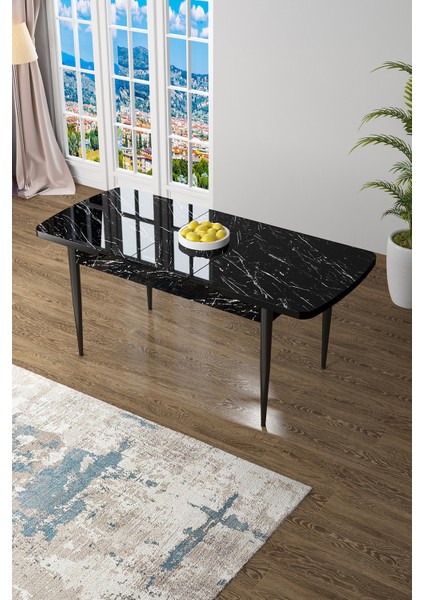 Concept Zen Serisi Mdf Açılabilir Siyah Mermer Desenli Mutfak Masası Takımı + 4 Füme Sandalye