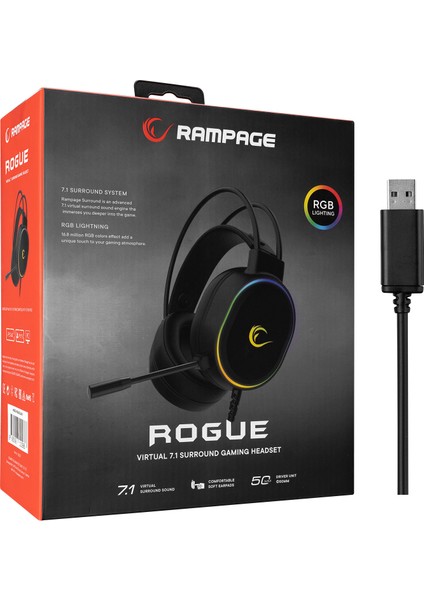 ROGUE Siyah USB 7.1 Surround RGB Ledli Gaming Esnek Mikrofonlu Oyuncu Kulaklık