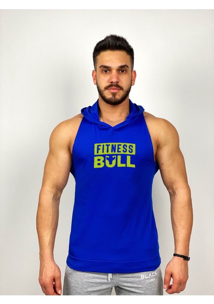 Mavi Erkek Regular Fit -Fitness Bull- Baskılı Kapüşonlu Kolsuz Sporcu Hoodie