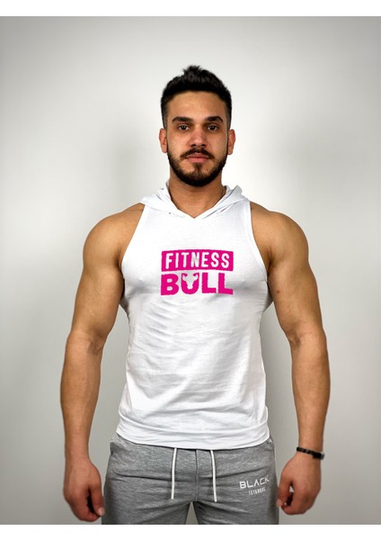 Beyaz Erkek Regular Fit -Pink Fitness Bull- Baskılı Kapüşonlu Kolsuz Sporcu Hoodie