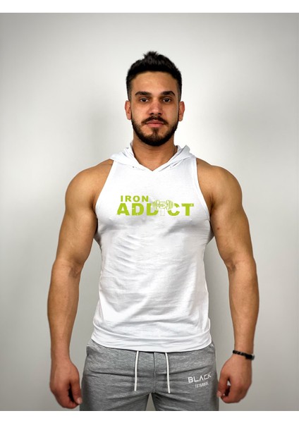 Beyaz Erkek Regular Fit -Iron Addict- Baskılı Kapüşonlu Kolsuz Sporcu Hoodie