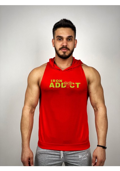 Kırmızı Erkek Regular Fit -Iron Addict- Baskılı Kapüşonlu Kolsuz Sporcu Hoodie