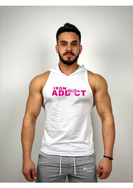 Beyaz Erkek Regular Fit -Pink Iron Addict- Baskılı Kapüşonlu Kolsuz Sporcu Hoodie