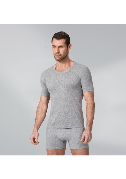 2 Adet Gri Renk Ribana Bisiklet Yaka Fanila