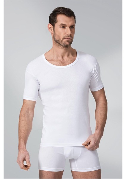 3 Adet Beyaz Renk Ribana Bisiklet Yaka Fanila