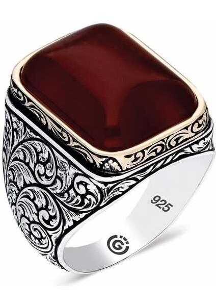 Gümüş Zirkon Koyu Bordo Taşlı Kare Erkek Yüzük