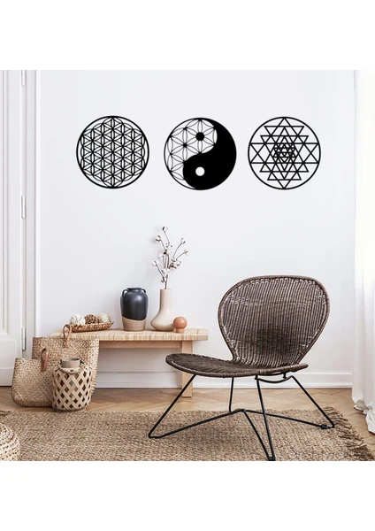 Şirin Lazer Yaşam Çiçeği Ying Yang Sri Yantra Duvar Dekoru Ahşap Mdf Tablo Set